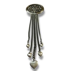 Silvertone Pewter Color Oversize Brooch Pin Fringe Hearts 9.5"